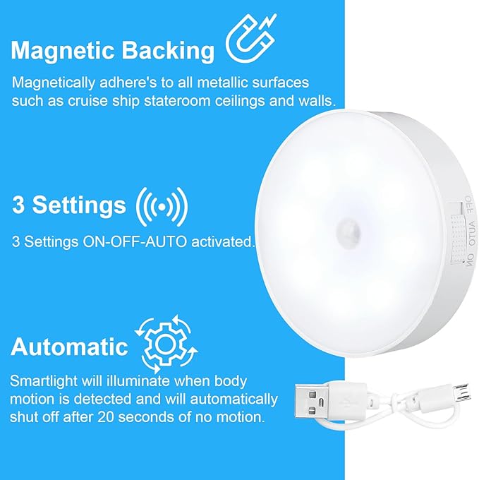 1 Pcs Magnetic Cruise Ship Motion Sensor Light with USB Cable LED Rechargeable Night Light Battery Nightlight Safe Cordless Nightlight for Cruise Ship Cabin Hallway Bathroom (White)