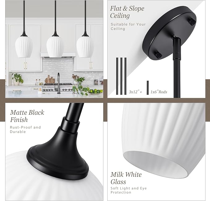 Milk Glass Pendant Lights Kitchen Island, 1-Light 5.8" Black Modern Pendant Light Fixtures with Rods, Mini Hanging Lighting for Kitchen Island Sink Bathroom Dining Room, E26 Base