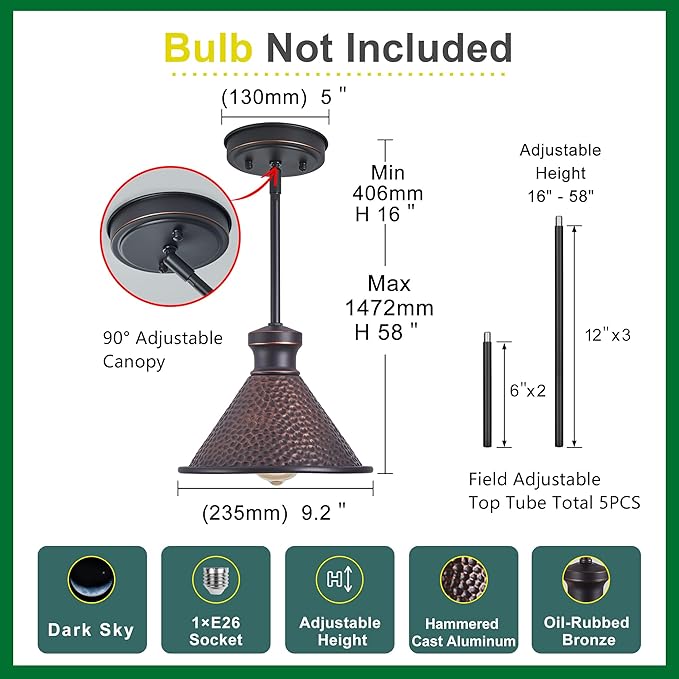 Pendant Light (2 Packs), Kitchen Lights Ceiling Hanging,Oil-Rubbed Bronze Finish, Farmhouse Lighting for Kitchen Island Room,Vintage Hammered Textured Aluminum Shade, Height Adjustable