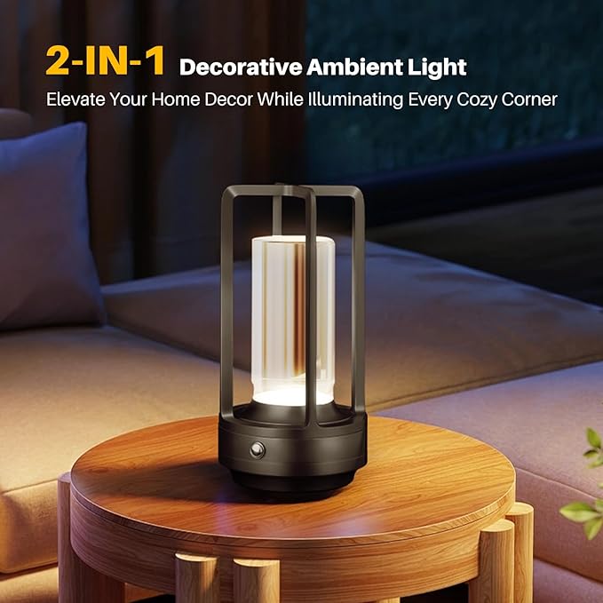 Rechargeable Table Lamp Cordless, 3 Color | Crystal | Stepless Dimming, for Dining Room, Living Room, Bar, Cafe, Restaurant, Patio, Camping, Pack of 2 (Black)