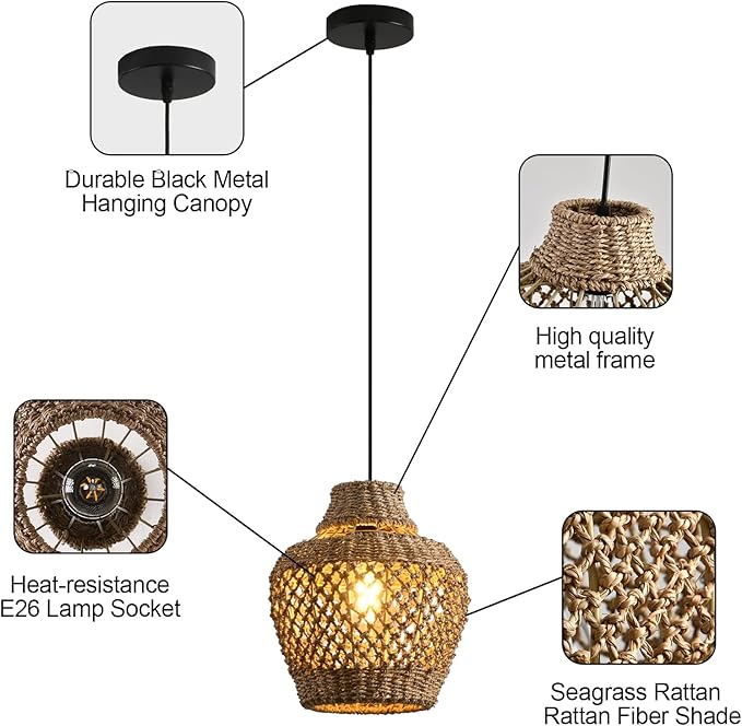 Rattan Pendant Light Fixtures,11.02" Boho Rattan Pendant Light,2-Pack Hand Woven Seagrass Chandelier for Workplace Occasions Restaurants Dining Living Bedroom Kitchen Farmhouse