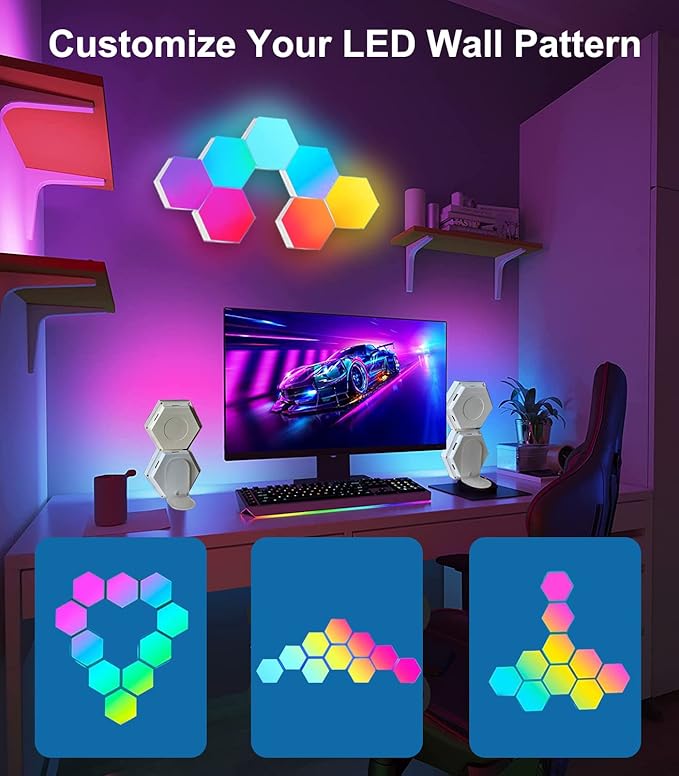 Amailtom Gaming LED Hexagon Lights Remote Controlled, RGB LED Wall Lights Touch Sensitve Hexagon Light Panels for Gaming Setup, 14 Geometric Wall Panels for Living Room/Bedroom/TV