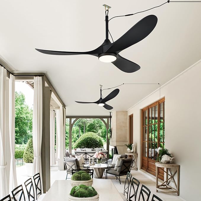 Outdoor Ceiling Fan with Light Waterproof - Plug in Hanging Hook for Patio, Porch, Gazebo - 42 inch Wet Rated Weatherproof Exterior Black 3 Blades Ceiling Fan with Remote