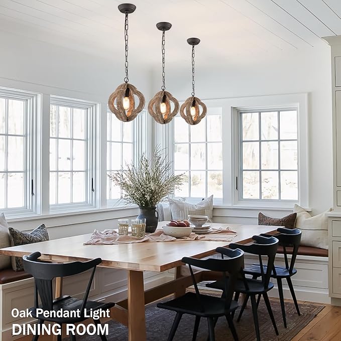 9.84" Modern Farmhouse Wood Pendant Lights Kitchen Island 1-Light Orb Distressed Oak Pendant Light Rustic Ceiling Hanging Light for Kitchen Sink Dining Room Hallway Entryway Foyer Adjustable Chain E26