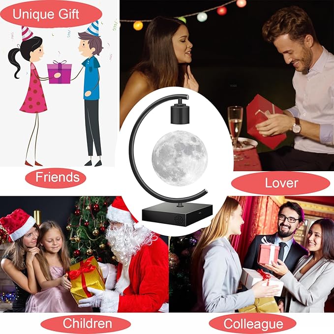Magnetic Levitating Moon Lamp with Bluetooth Speaker 18W Fast Charger for iPhone iPad Samsung Galaxy Smart Watch Floating 3D Moon Magnet Planet Globe LED Night Light Colorful Christmas Gift