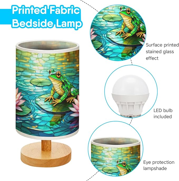 Frog Table Lamp LED 3-Color Pressed Bedside, Frog Shade Lamp with Wood Base for Bedroom Living Room Desk Office TL01