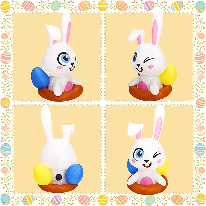 Dearsun Set of 2PCS, 4FT H Easter Inflatable Bunny and Egg, Outdoor Easter Egg Hunting Sign Decorations, Cute Easter Blow up Winking Bunny & Giant Egg, Yard Decoration with LED Lights for Party Decor