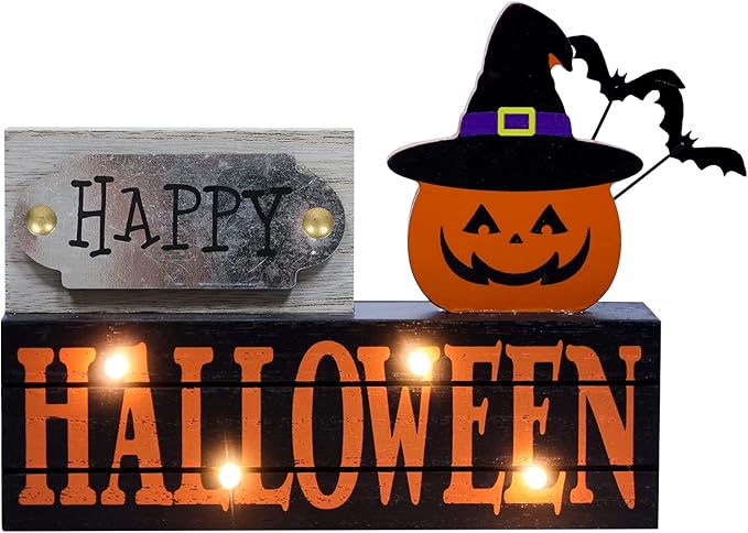 DECSPAS Halloween Decorations Indoor, Large Size 2-Layered Wood Block with LEDs and Pumpkin Face, Happy Halloween Sign Decorations for Home, Tabletop Gothic Decor for Party Shelf, Table, Mantel