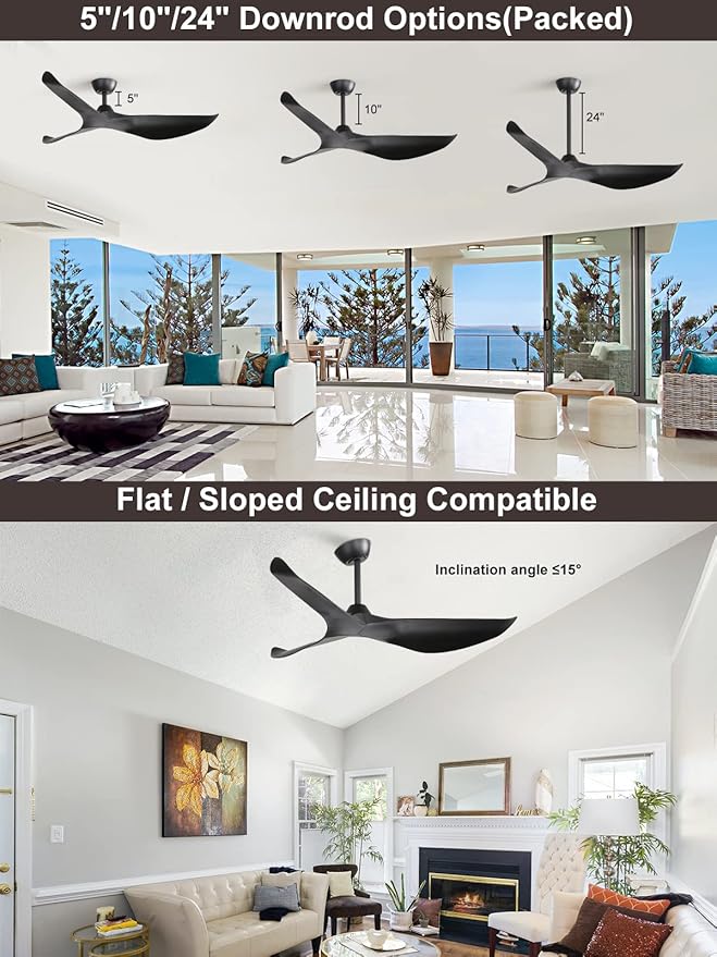 Sofucor Ceiling Fan no Lights, 52 Inch Mordern Black Ceiling Fan Without Light with Remote for Indoor Farmhouse Bedroom Living Room Outdoor Patio Porch, Reversible DC Motor
