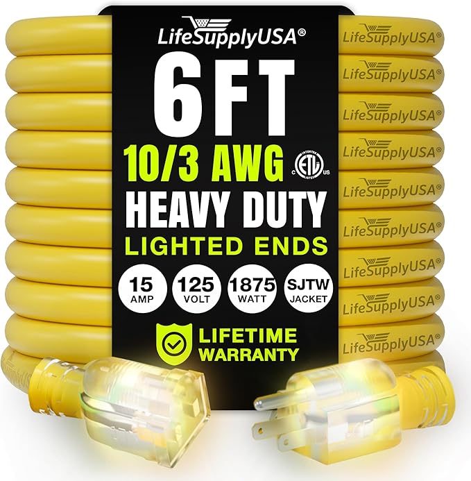 6ft Outdoor/Indoor Extension Cord 10/3 Gauge Ultra Heavy Duty 3 Prong SJTW, Waterproof, ETL Listed, Flexible Cold-Resistant Long Power Cord,15A 125V 1875W, Yellow by LifeSupplyUSA