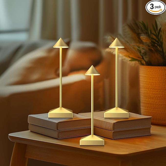 3 Pack 8.26in Gold Small Cordless Table Lamps Rechargeable, Battery Operated Mini Lamp, Small Lamp Touch Portable Table Lights, LED Night Light for Bedside/Dining/Bar/Outdoor (Gold-A)