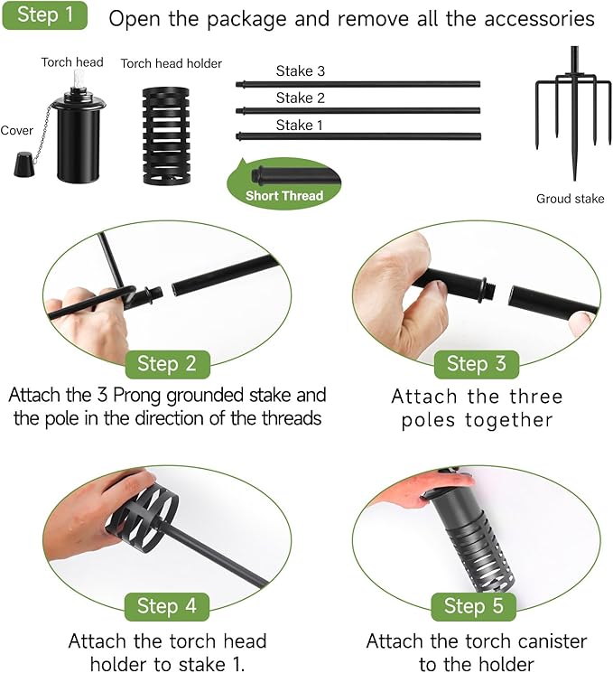 ZSZMFH Upgraded Citronella Torches for Outside Set of 6, 16 Oz Outdoor Garden Torches with 5-Prong Grounded Stake, 60 Inch Metal Torch for Garden Décor, Backyard, Patio, Pathway, Party