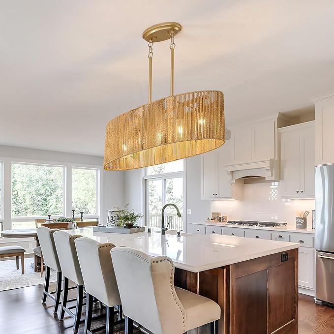 Dining Room Light Fixture 5 Light Rattan Kitchen Island Lighting with Adjustable Gold Boho Chandelier Farmhouse Hanging Pendant Light for Living Room Bar Restaurant