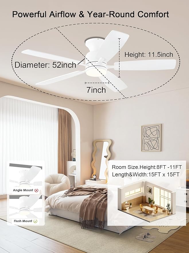 KNUN 52 Inch Ceiling Fans with Lights,Flush Mount Ceiling Fan with Remote/APP Control, 3CCT Dimmable, Double-Sided Blades, Reversible Motor, Low Profile Ceiling Fans for Living Room,Bedroom(White)
