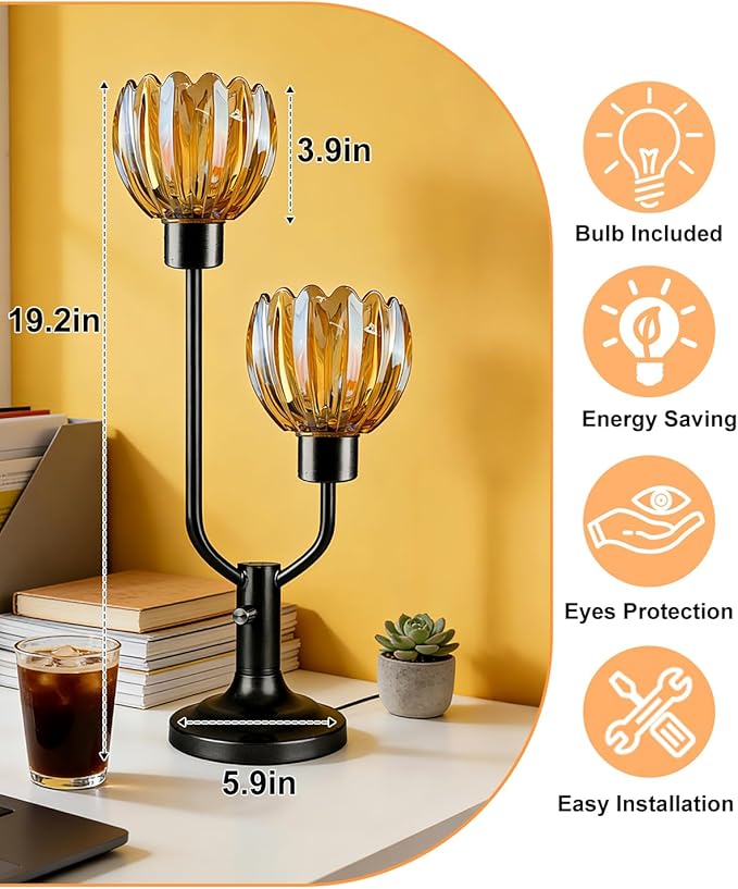 Lightdot Mid Century Modern Glass Table Lamp Black Dimmable U-Shaped Desk Lamps with Brown Lotus Glass Shade& 2Pcs 3000K Warmwhite Bulbs Included Bedside Nightstand Lamp for Living Room Bedroom