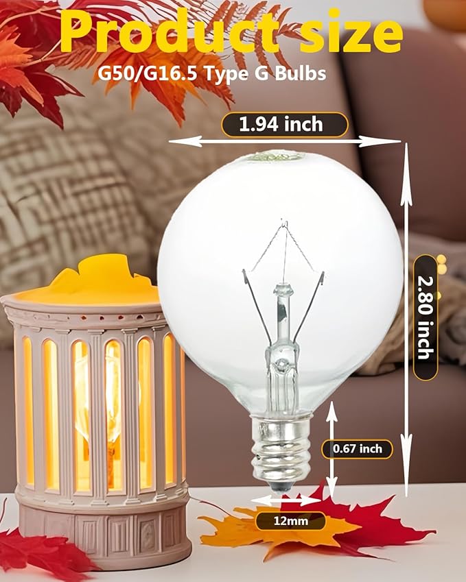 25 Watt Wax Warmer Bulbs,Light Bulbs for Full Size Scentsy Warmer & Candle Wax Warmer,Long Life-Span and Melt Wax Fast Warming Bulbs,120 V/E12 Type G Bulb,Dimmable, Warm White,6 Packs