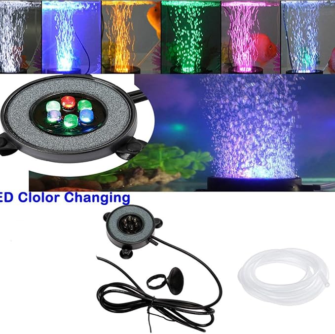 LED Aquarium Air Stones Fish Tank Bubbler Light Air Stone Diffuser Decor Lamp with Sucker Colorful Backgound Lighting (2.2inch Light Disk(No Remote))