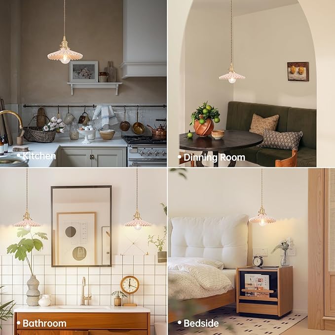 Pendant Light with Pink Pleated Ceramic Lmapshade, Brass Vintage Pendant Light Adjustable Hanging Light for Kitchen Island Dining Room Hallway