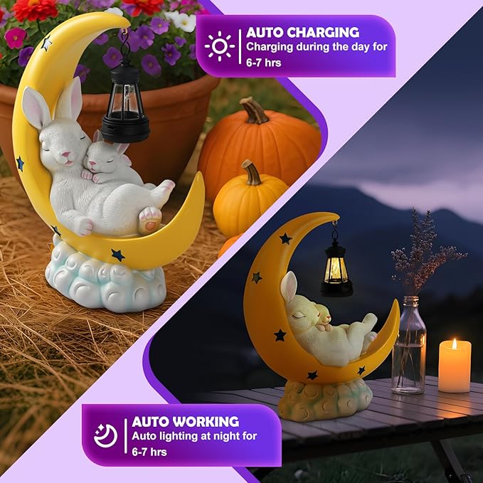 Easter Gift for Mom – Solar Powered Mother & Baby Rabbit Garden Light on Moon, Warm White LED Resin Statue for Yard and Patio | Mother's Day Gardening Gift