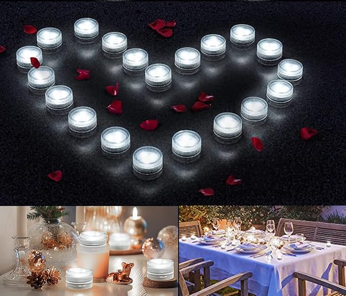 Mini Waterproof Submersible LED Tea Lights - 20Pcs Super Bright Battery Operated Puck Light for Wedding Centerpieces Floral Vase Paper Lantern Crafts Swimming Pool Tub Fountain Pond Decor (White)