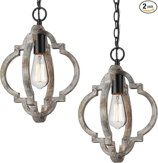 CALDION Farmhouse Pendant Lights, 2Pack Wood Dining Room Lighting Fixtures, Adjustable Height Hanging Pendant Lights for Foyer, Kitchen Island, Entryway
