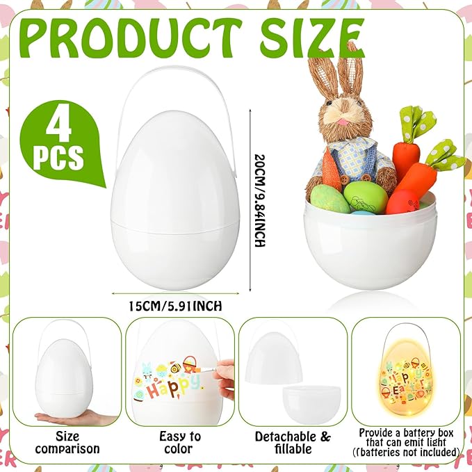 Colingmill 4 Sets Jumbo Easter Egg Plastic Fillable 10 Inch Giant Paintable Eggs with Handles Large White DIY Containers Paint Your Own Egg Lamp Kit for Easter Decor Basket Stuffers Fillers