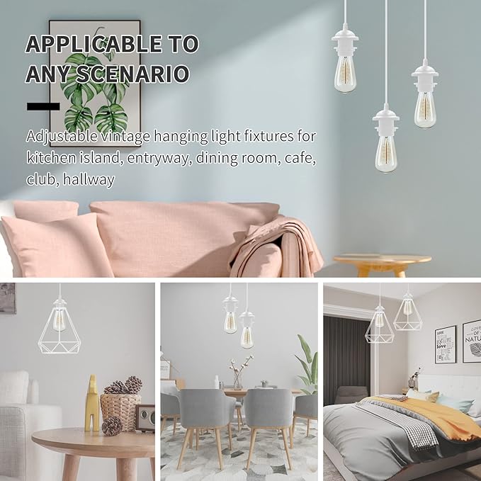 Industrial Mini Pendant Light Kit, Edison Retro Pendant, UL E26 Lamp Socket Vintage Pendant Light Cord, Mini Ceiling Hanging Light Fixtures, Adjustable Hanging Light Kit for Kitchen (White)