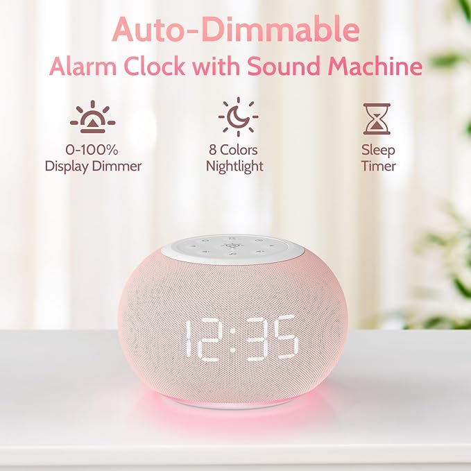 Reacher Auto Dimmable Sound Machine Alarm Clock with Night Lights, 20 Soothing Sounds, Sleep Timer, Precise Volume Control, Cute White Noise Soother for Girls, Kids, Bedrooms, Office