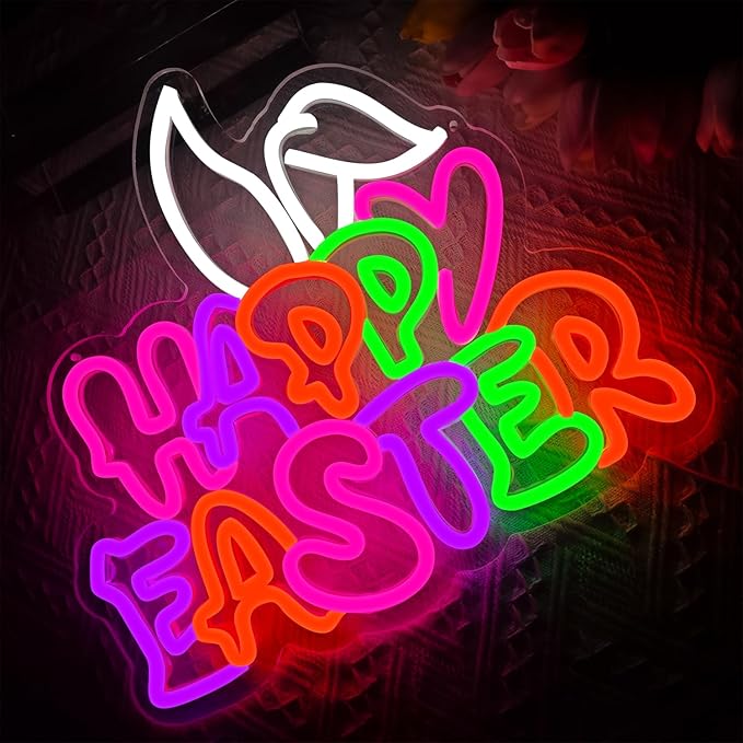 Happy Easter Neon Sign, Easter Neon Bunny Ears Neon LED Lights, Easter Wall Decor Party Home Room Decor, Wall Decor, Easter Gift for Kids