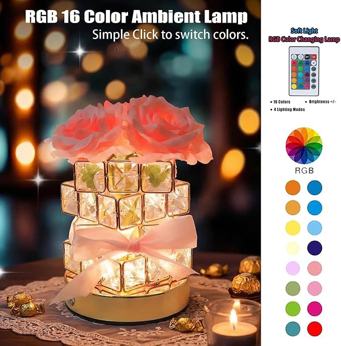 Crystal Table Lamp, Rechargeable Cordless Rose Light, with Touch & Remote Control Dimming - 16-Color Dimmable, Birthday Gifts for Women, Mom, Wife, Living Room, Bedroom Decor