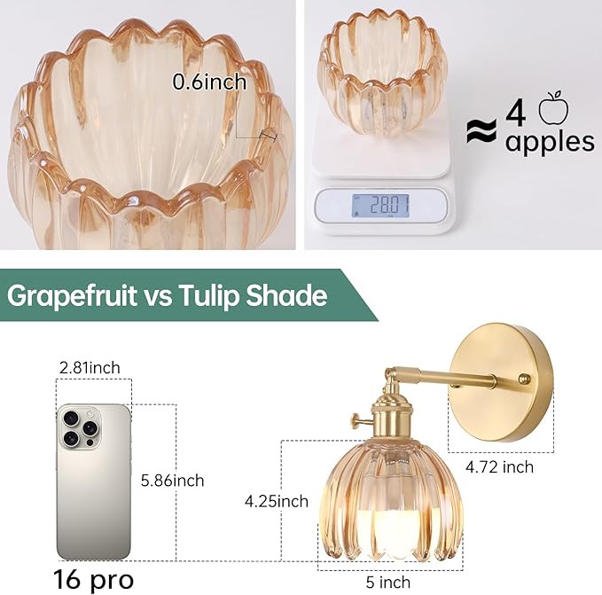Vintage Battery Operated Wall Sconce with Cute Amber Tulip Glass Lampshade Wireless Rechargeable Battery Powered Wall Light with Remote Control for Bedside Bedroom Doorway