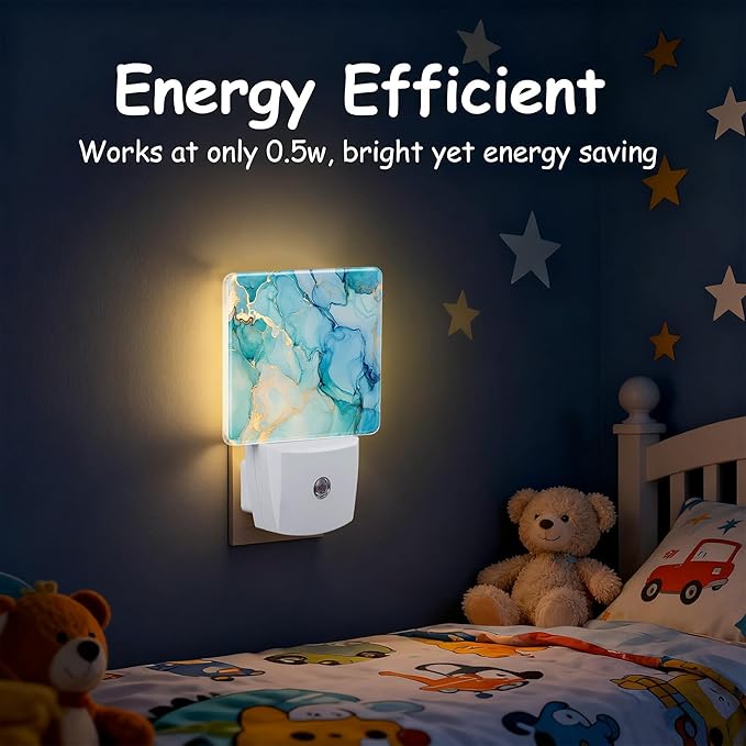 Teal Blue Gold Marble Night Light for Kids, Dusk-to-Dawn Auto Sensor Plug in Night Light, 0.5W Energy Saving Non-Toxic Design for Bedroom/Bathroom, Ideal Gifts for Women, Men & Kids