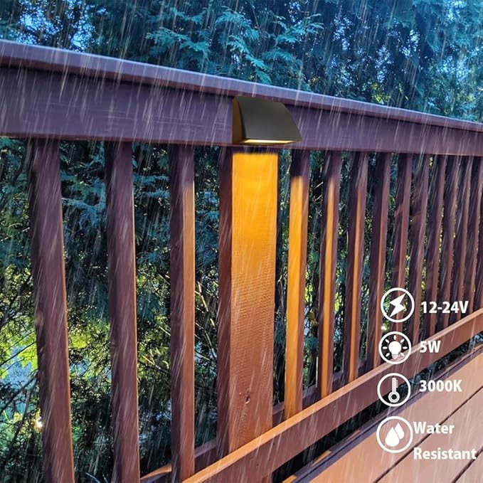 Low Voltage Outdoor Deck Lights,5W 12-24V AC/DC Landscape Lighting Deck Railings Dock Step Fence Post Light,Aluminum Housing Frosted Glass Cover Warm White Black Color Pack of 2