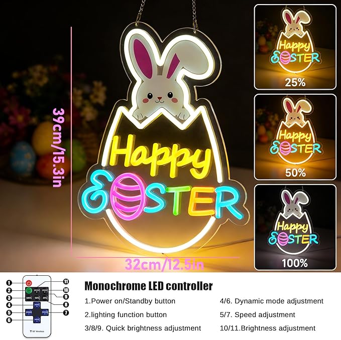 Easter Decorations LED Neon Sign 15 In Happy Easter Neon Sign LED Rabbit Egg Window Lights Home Party Indoor Outdoor Wall Bunny Decor Light Up Sign for Bedroom Easter Birthday Party Decor