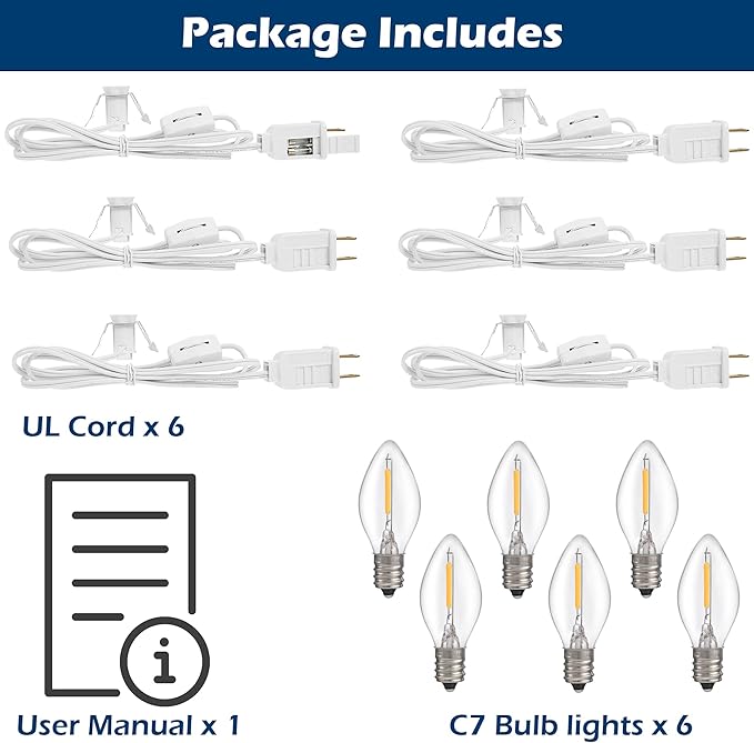 6 Packs 6ft Village Light Cord with 1W C7 LED Bulb, Salt Lamp Cord with ON/Off Switch and 2 Spare Fuses, Blow Mold Light Ideal for Christmas Village House Craft Decorations
