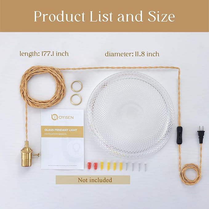 Hanging Light with Plug in Cord,11.8 Inch Plug in Pendant Light for Ceiling Glass Lampshade 14Ft Hanging Lamp Plug in Adjustable Golden Cord On/Off Switch for Bedroom