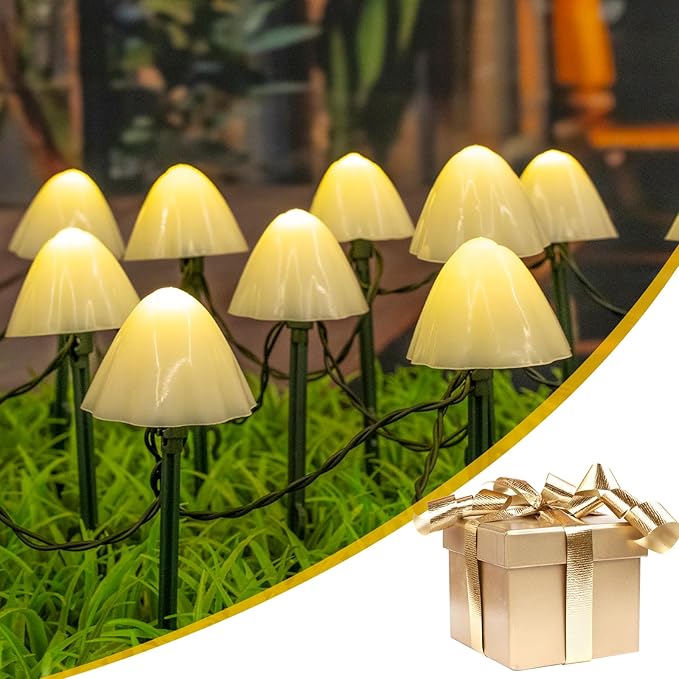 20 LED Mushroom Solar String Lights Outdoor, 8 Modes Decorations Garden Lights Waterproof, Solar Fairy String Light for Outside Patio Pathway and Yard, Warm White