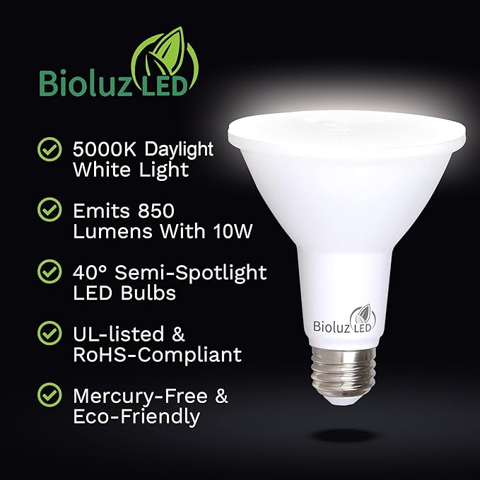 Bioluz 4-Pack PAR30 LED Light Bulbs, 10W = 100W Replacement, 5000K Daylight, 90 CRI, Dimmable, Outdoor Flood Lights, Indoor Spot Lights, UL Listed, Title 20 Compliant
