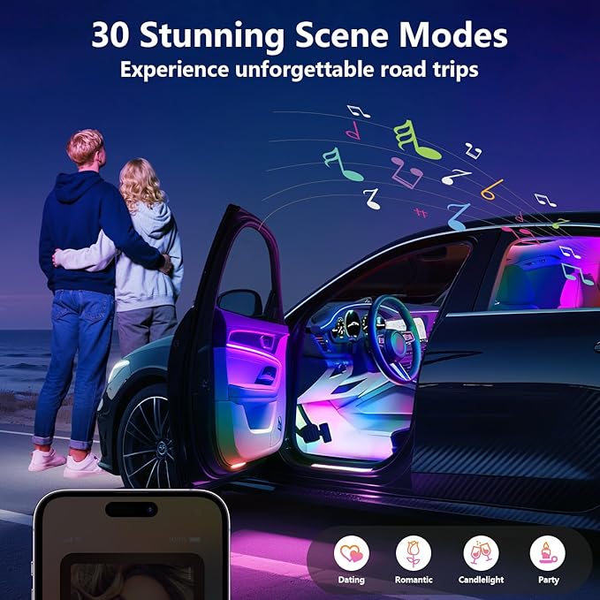 Smart Interior Car Lights,Car led Lights Interior with Rainbow Effect,8 Dynamic Music Mode,256 Lighting Effects and 16 Million Colors,Car Led Strip Lights Controlled by APP,12V
