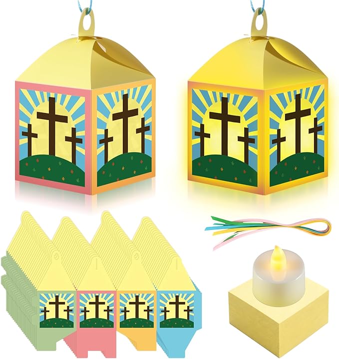 24 Sets Easter Crafts with LED Candle Light He is Risen Tissue Paper Resurrection Craft DIY VBS Christ Suncatchers Lanterns Hanging for Fun Home Activities Sunday School Christian Decoration
