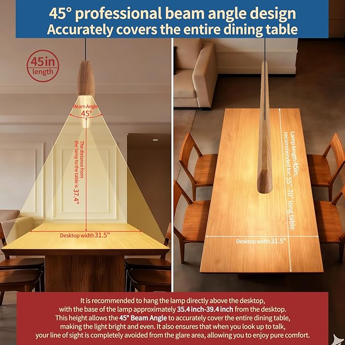 Wood Linear Pendant Light, Dimmable Kitchen Island Lighting with Remote, 30W LED Island Lights for Kitchen, Adjustable Linear Chandelier for Dinning Room Light Fixture (Natural Ash, 45in)