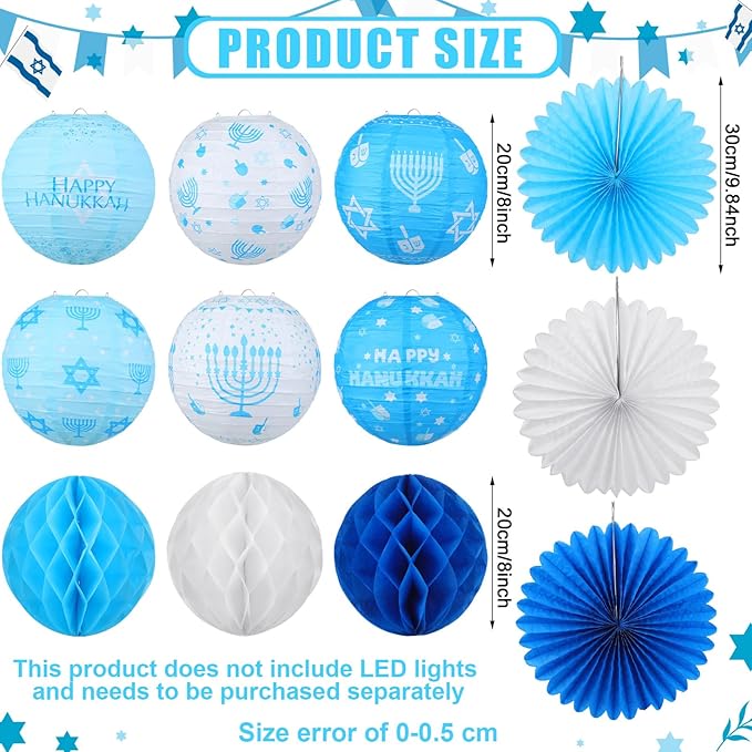 Retisee 18 Pcs Hanukkah Party Decoration Happy Hanukkah Paper Lanterns with Candlestick Dreidel Blue White Hanging Paper Fans Honeycomb Balls Chanukah Home Ornament for Jewish Party Decor