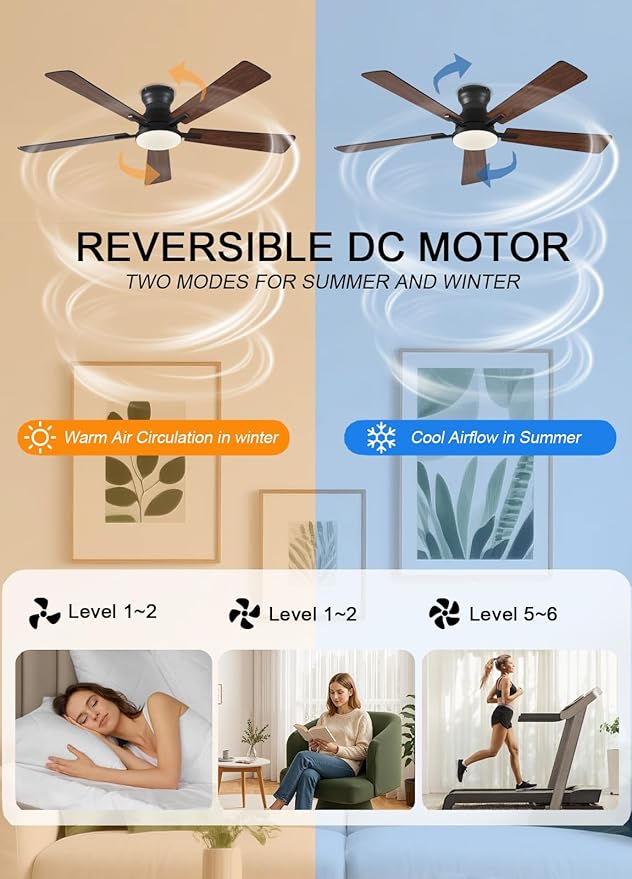 Ceiling Fans with Lights, 52Inch Low Profile Ceiling Fan with Light and Remote/App Control, Modern Flush Mount Brown Ceiling Fan, 3CCT Dimmable, Reversible DC Motor, for Living Room,Bedroom