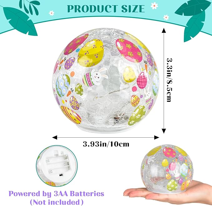 2PCS Easter Glass Ball Lights, 3.93'' Easter Egg Bunny Crackle LED Lights Decorations, Lighted Glass Ball Tabletop Sphere Lamp Decorative Battery Operated for Holiday Indoor Party Table Decor
