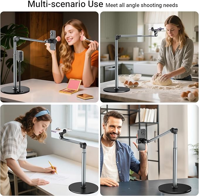Overhead Phone Mount with Rechargeable Light for iPhone, Table Tripod for Content Creators, Portable Phone Camera Stand for Cooking, Video Recording, Filming, Nail Techs