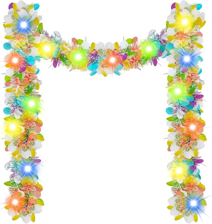 Chuangdi 16.4 ft Easter Tinsel Garland with LED String Light Easter Egg Twist Metallic Wire Tinsel Garland Foil Hanging Decor, Colorful, Colorful Light