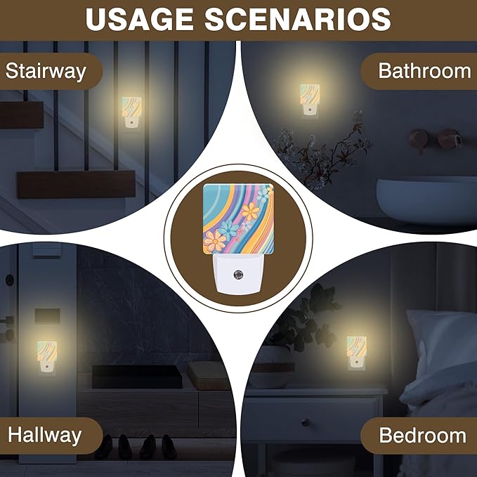 Night Light Retro Rainbow Wavy Floral Night Lights Plug into Wall Smart Dusk to Dawn Sensor 0.5W Energy Efficient Led Lamp for Men Women Bedroom Bathroom Hallway Stairway Decor