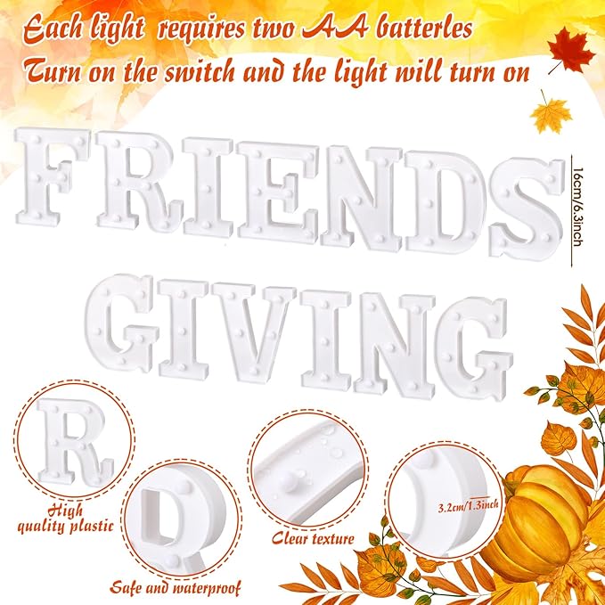 Honoson 13 Pcs Friendsgiving Party Decorations Letter Lights Sign LED Marquee Lights Table Decoration for Friends Themed Party Friendsgiving Decorations Thanksgiving Fall Decor