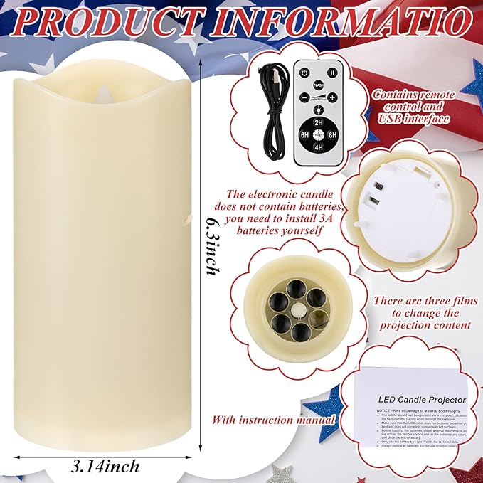 Baquler 4th of July Flameless Candles Patriotic Candles Projector Lights Colorful LED Candle Battery Operated Night Light with Remote and Timer Indoor Bedroom Decor