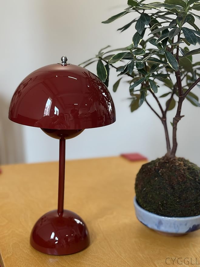 Modern Flower Bud Lamp 12" Cordless Touch Lamp Dimmable 2600mAh Rechargeable Desk Lamp Nordic Minimalist Mushroom Lamp Nightstand Bedside Lamp for Bedroom Living Room(Brown Red) No Reading Light